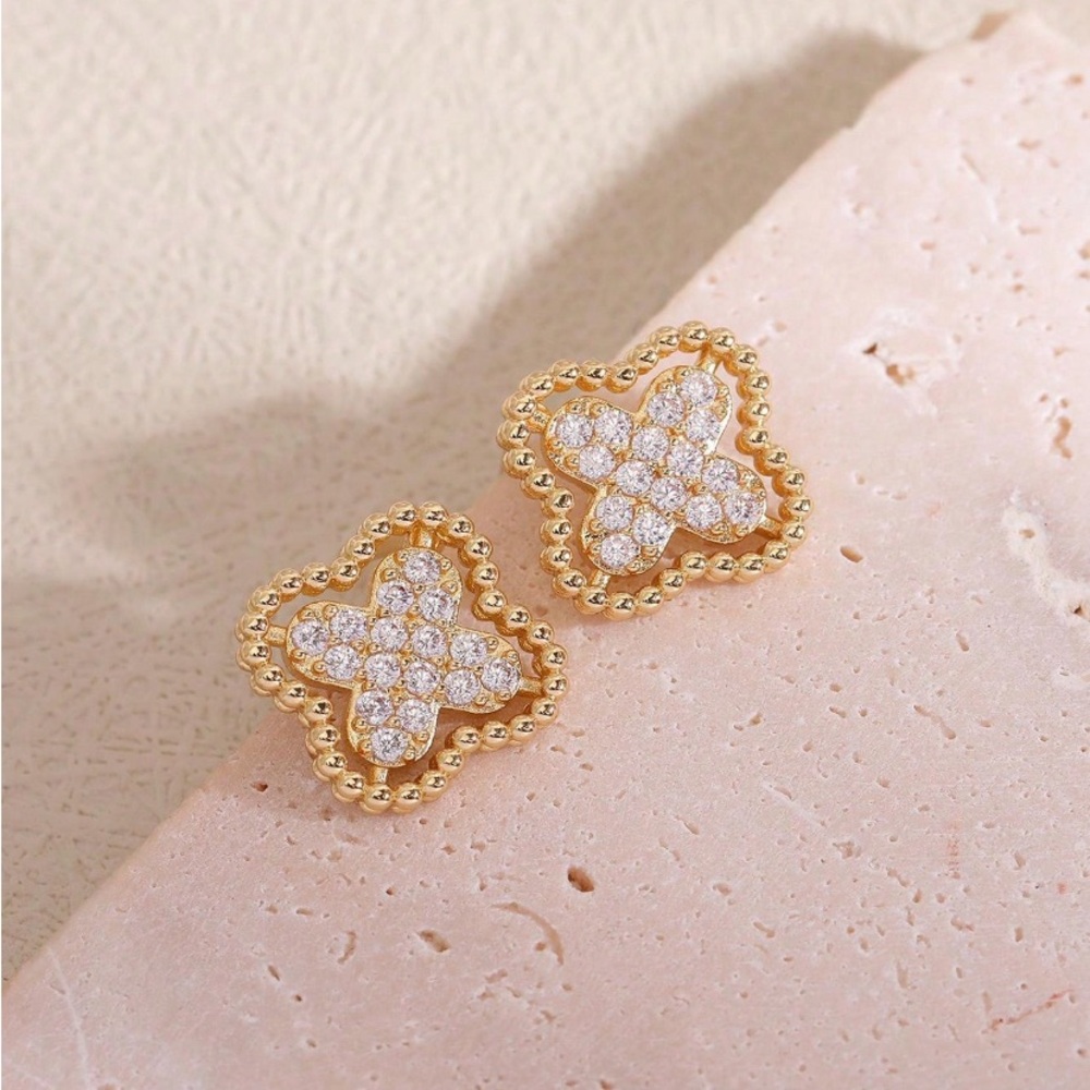 Gold Rhinestone Clover Earrings